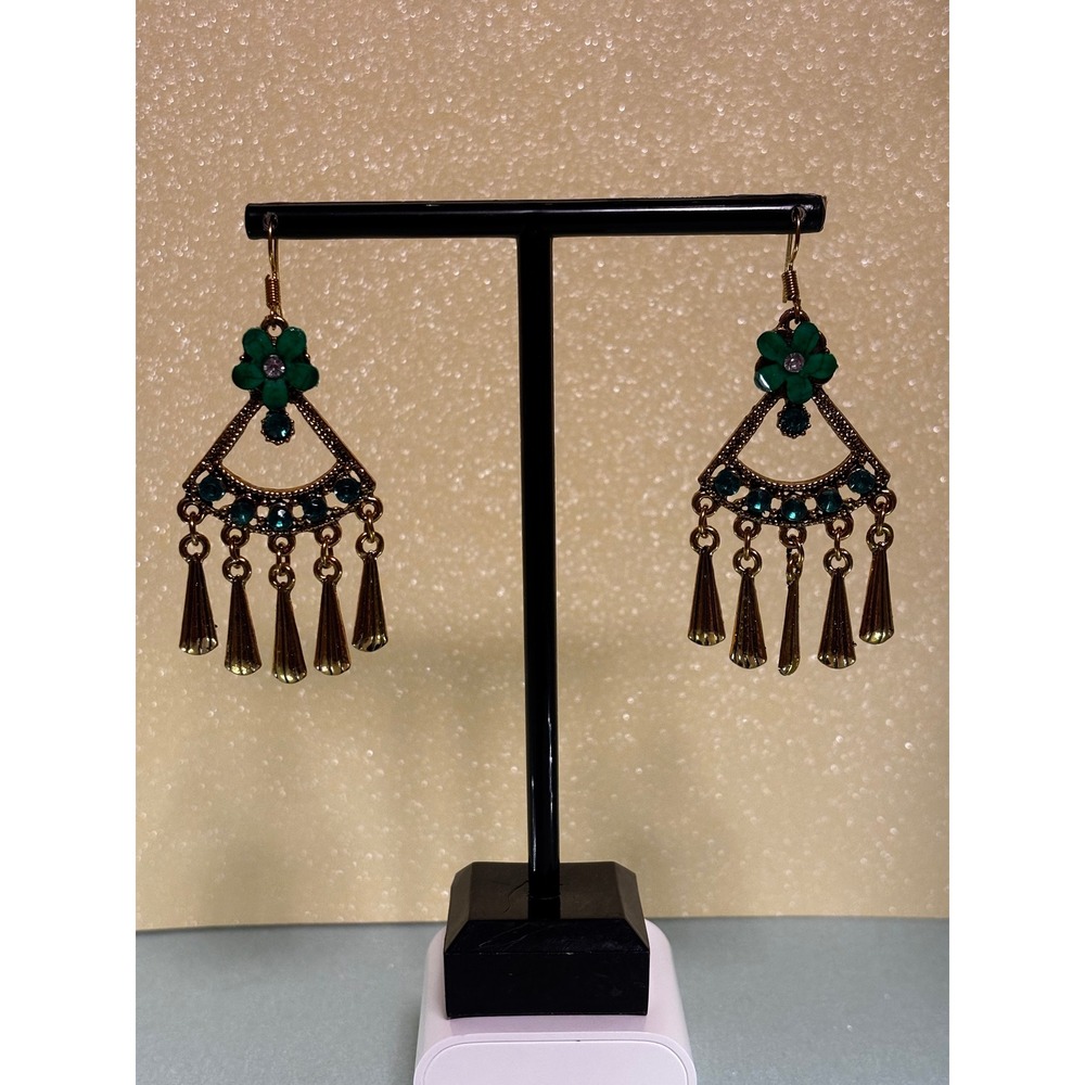 Boho Green Flower Antique Gold Chandelier Earrings Rhinestone Dangle Statement